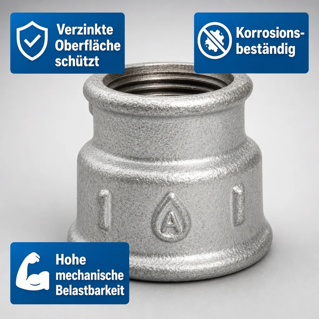 Reduziermuffe, Tempergussfitting, Gewindefitting 1" IG x 3/4" IG