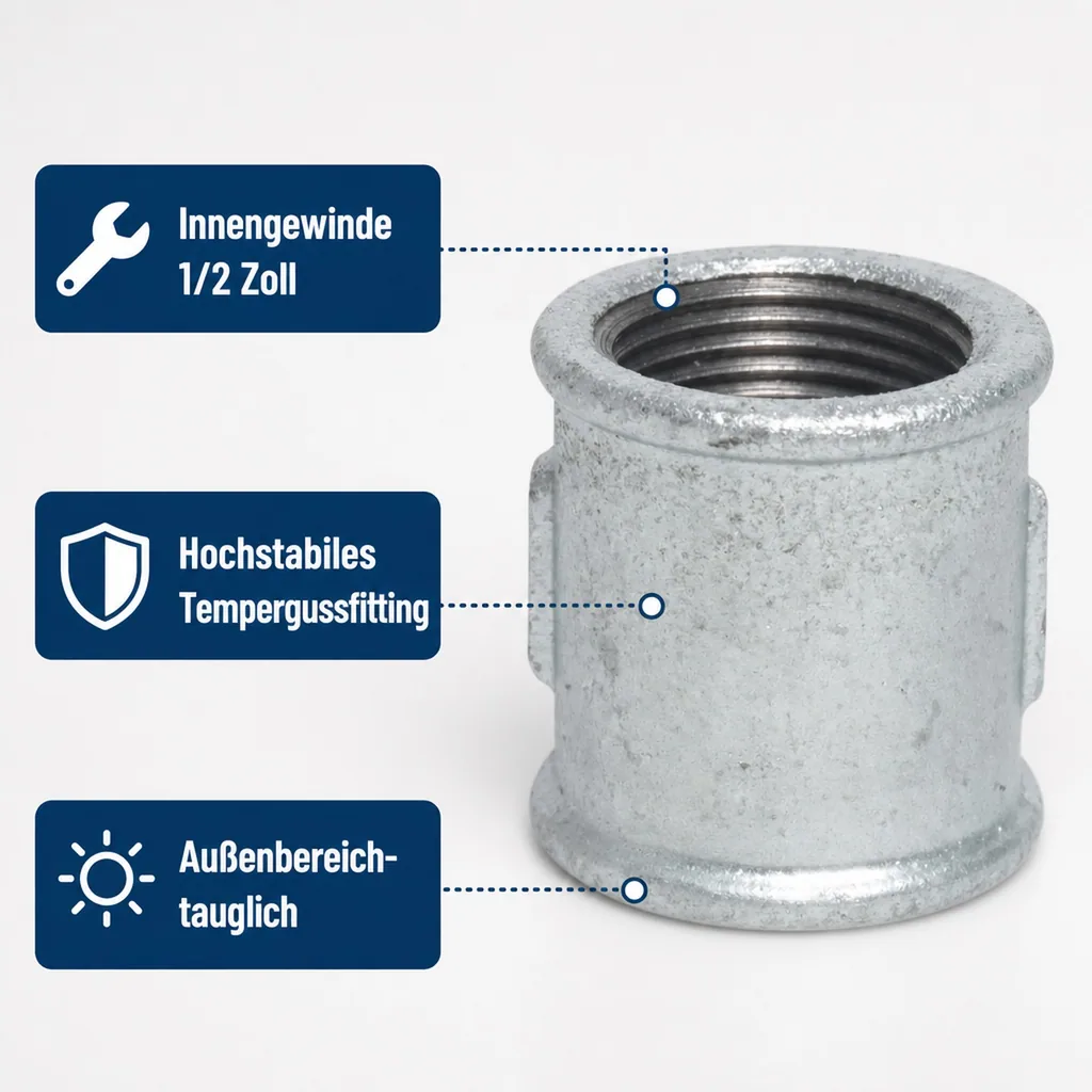Tempergussfitting, Gewindefitting 1/2 Zoll, Muffe Innengewinde