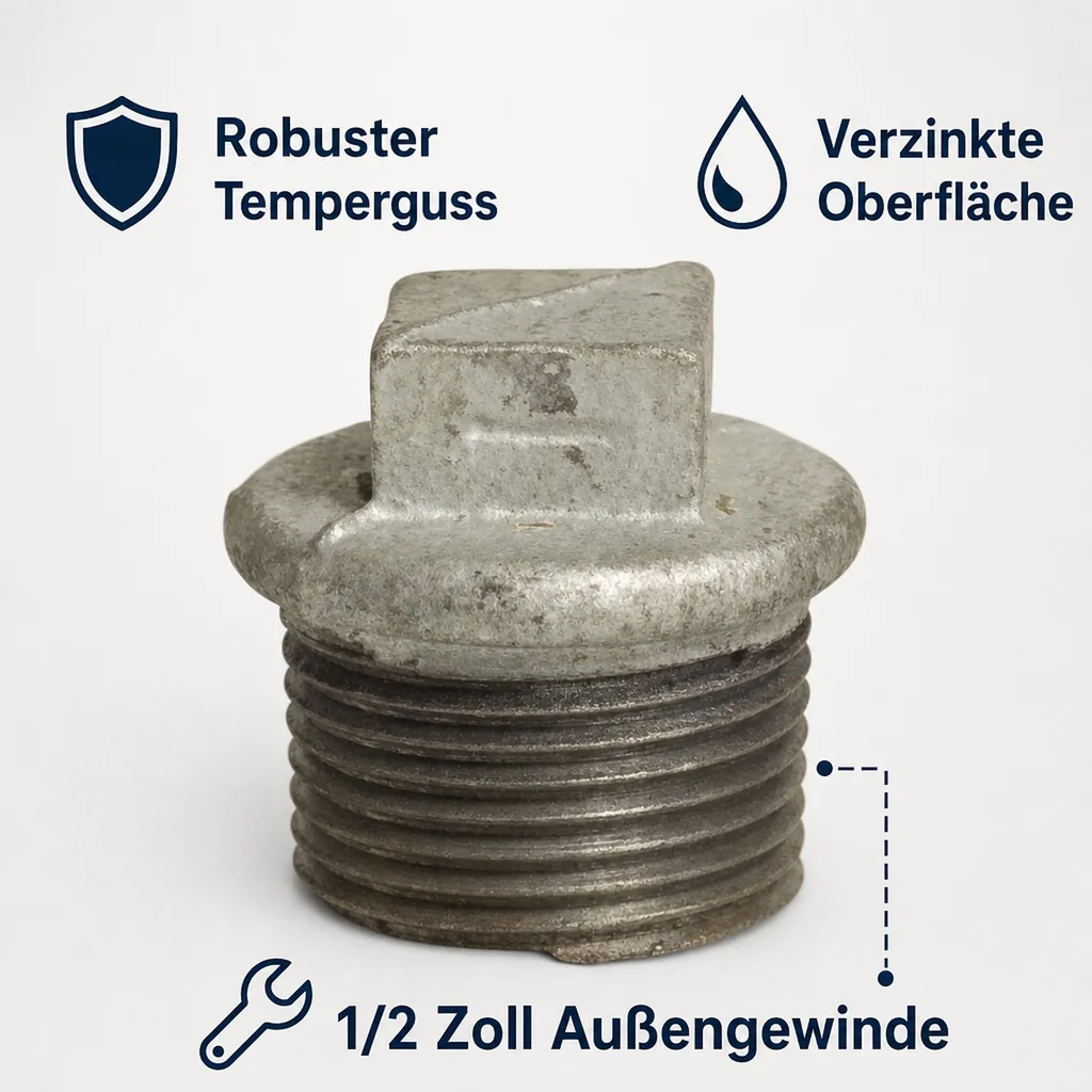 Gewindefitting, Tempergussfitting, Stopfen, 1/2 Zoll