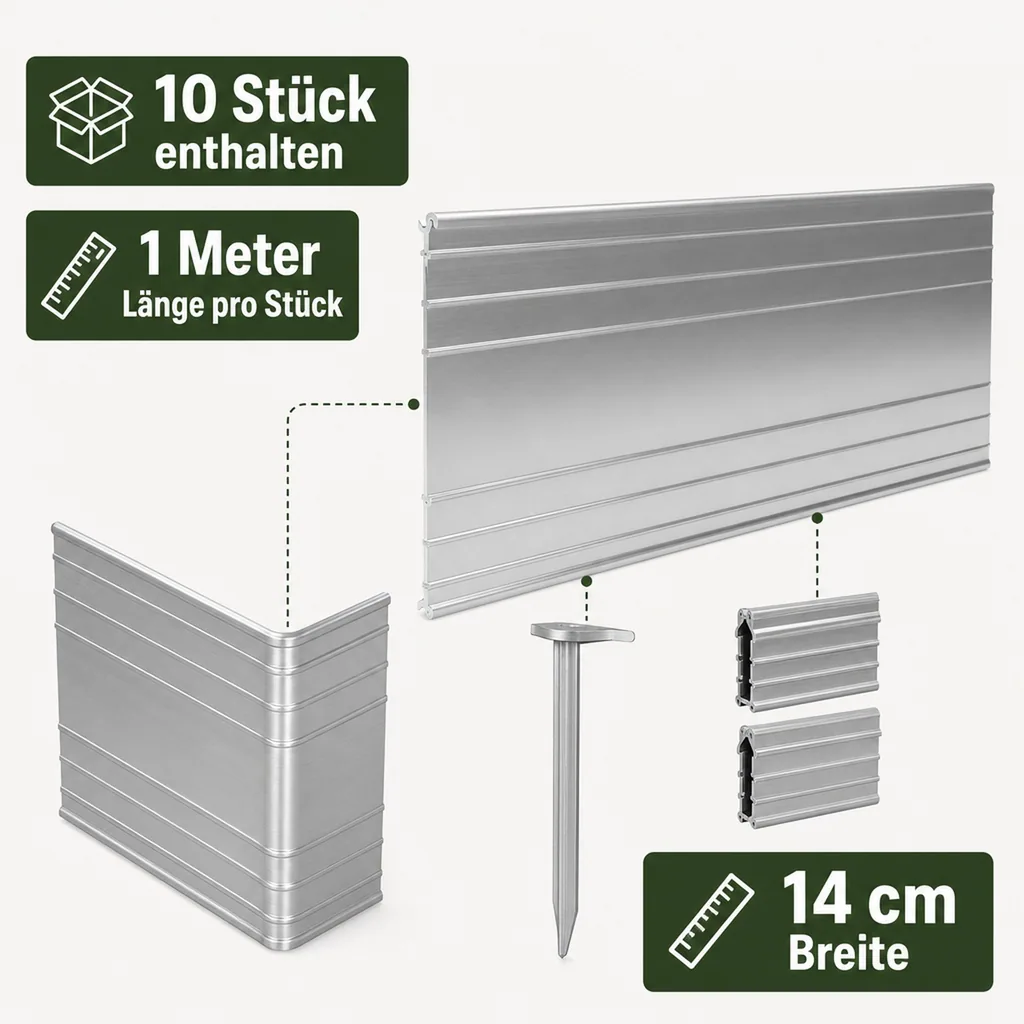 Ultra Starke Alu Rasenkanten 10-14-24 cm, Breite: 14 cm; Menge: 10 Stück; Länge-GS: 1 m