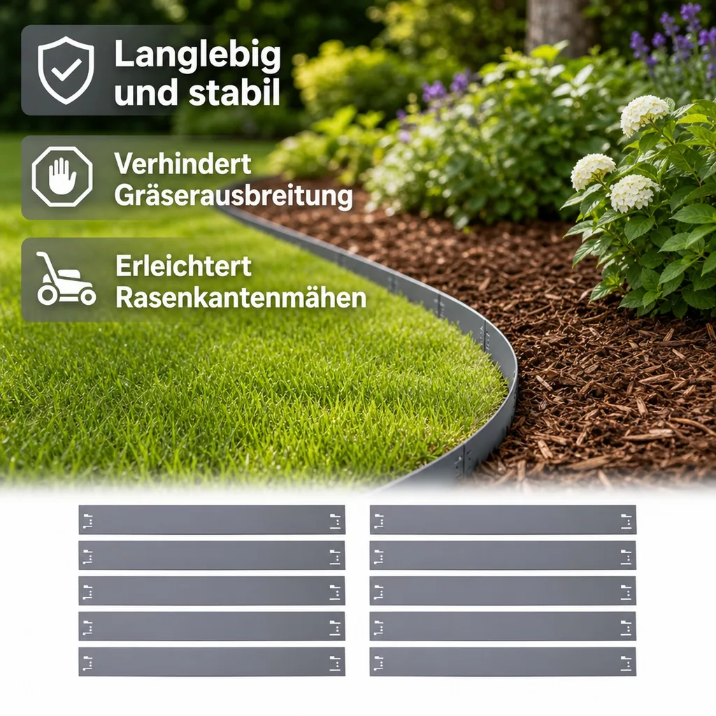 10er Set Rasenkanten Metall 13.5 cm hoch, 12 m lang | Beeteinfassung | Beetumrandung | Beetbegrenzungen, Color-GS: grau