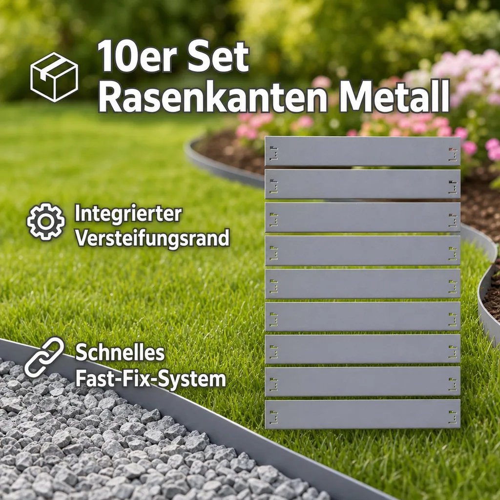 10er Set Rasenkanten Metall 13.5 cm hoch, 12 m lang | Beeteinfassung | Beetumrandung | Beetbegrenzungen, Color-GS: ohne Farbe