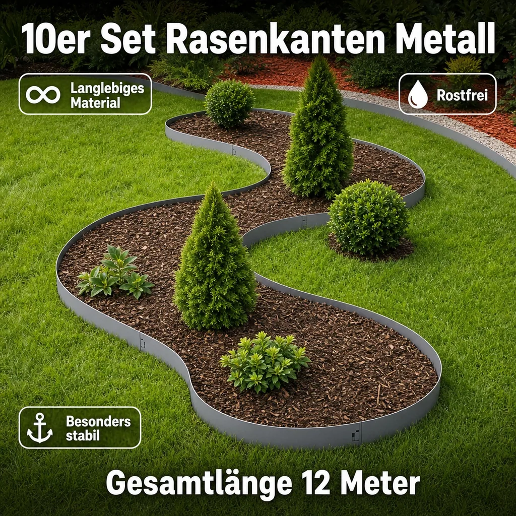 10er Set Rasenkanten Metall 13.5 cm hoch, 12 m lang | Beeteinfassung | Beetumrandung | Beetbegrenzungen, Color-GS: ohne Farbe