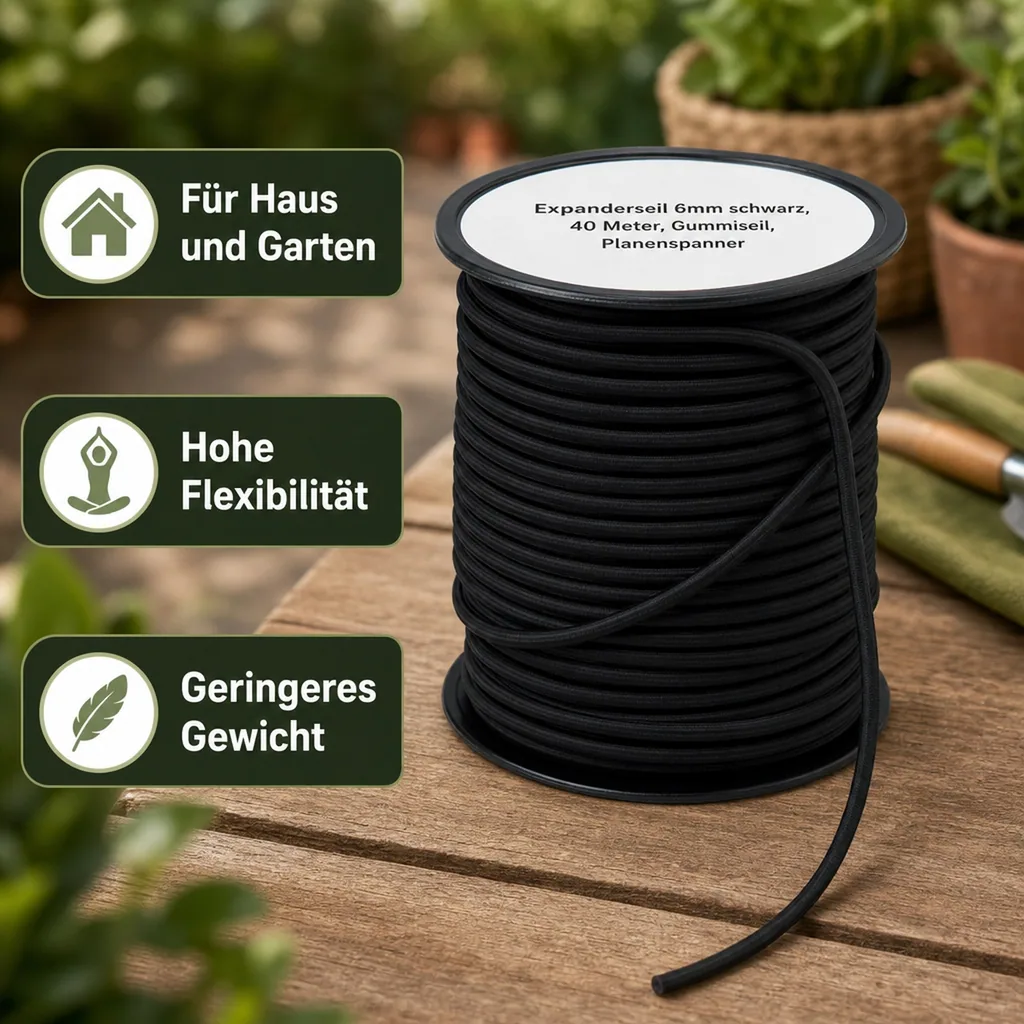 Expanderseil 6mm schwarz, 40 Meter, Gummiseil, Planenspanner