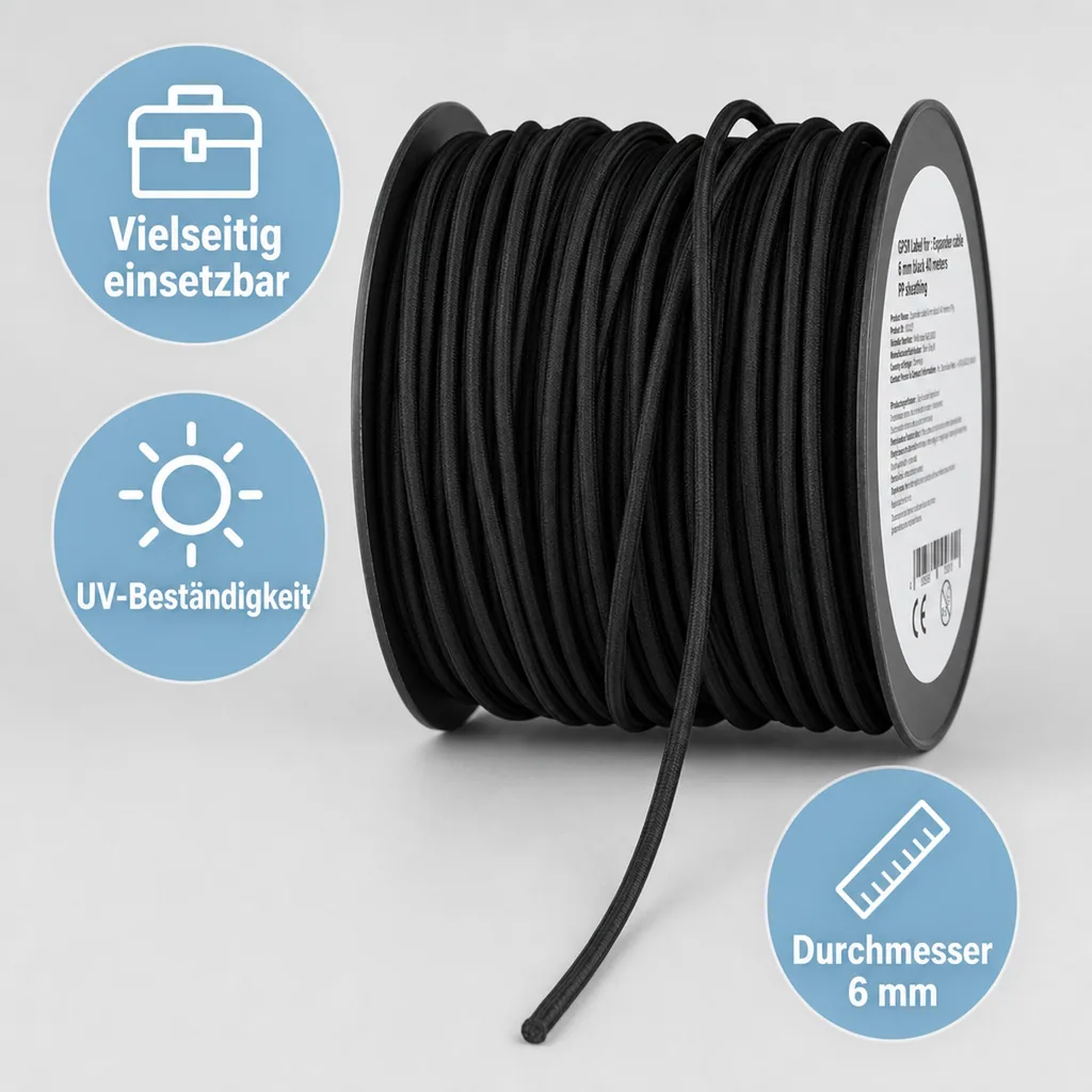 Expanderseil 6mm schwarz, 40 Meter, Gummiseil, Planenspanner