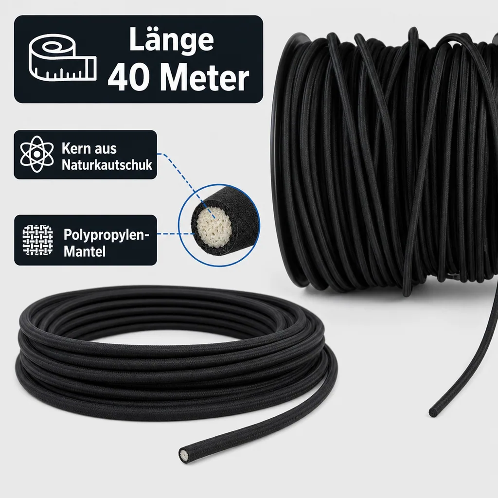 Expanderseil 6mm schwarz, 40 Meter, Gummiseil, Planenspanner