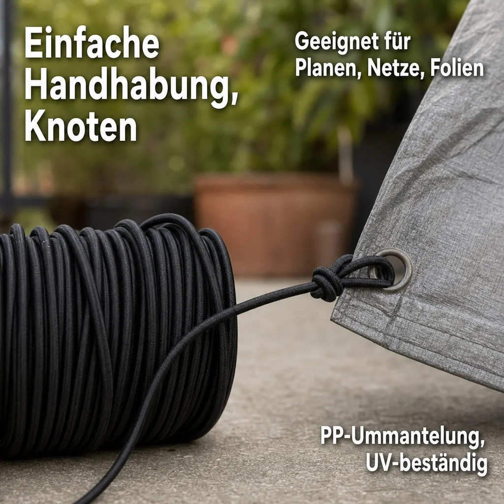 Expanderseil, 6 mm schwarz, 40 Meter, Gummiseil mit PP Ummantelung
