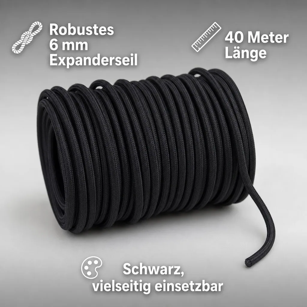 Expanderseil, 6 mm schwarz, 40 Meter, Gummiseil mit PP Ummantelung