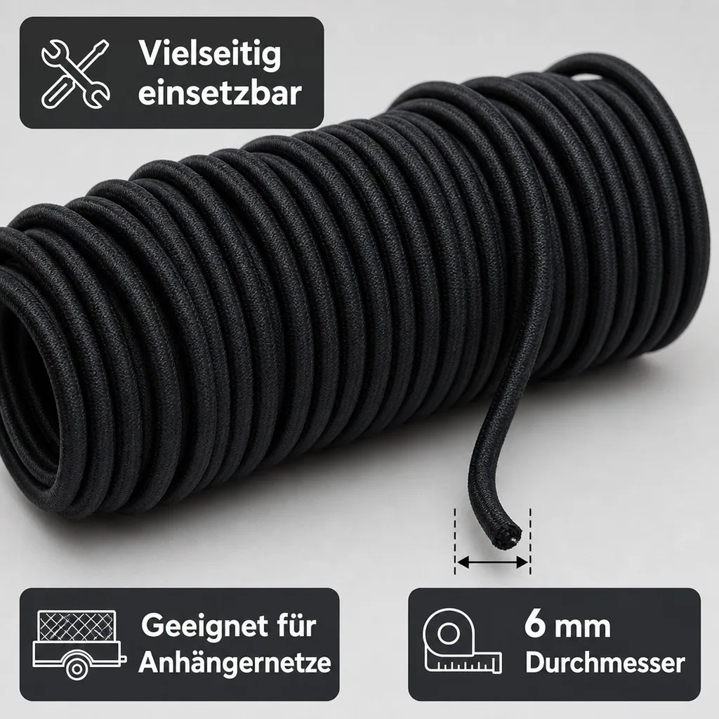 Expanderseil 6mm, Schwarz, 15 Meter, Gummiseil für Abdeckplane