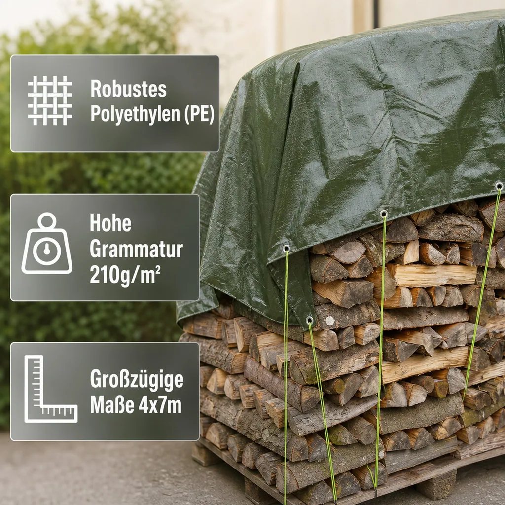 Abdeckplane, 210g/m² 4x7m grün (28m²), wasserdicht, reißfest