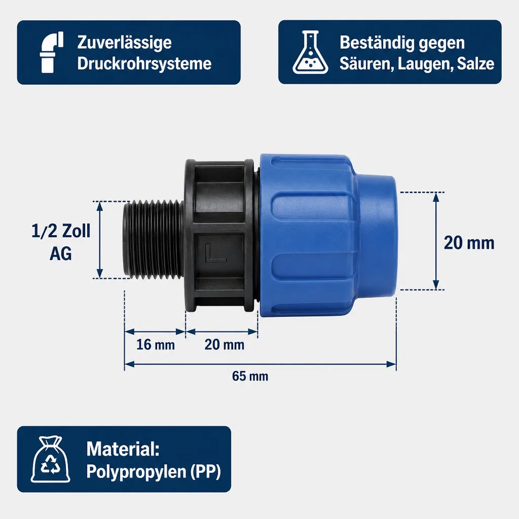 PE Rohr Verschraubung, 20mm Kupplung, 1/2 Zoll AG, Klemmverschraubung