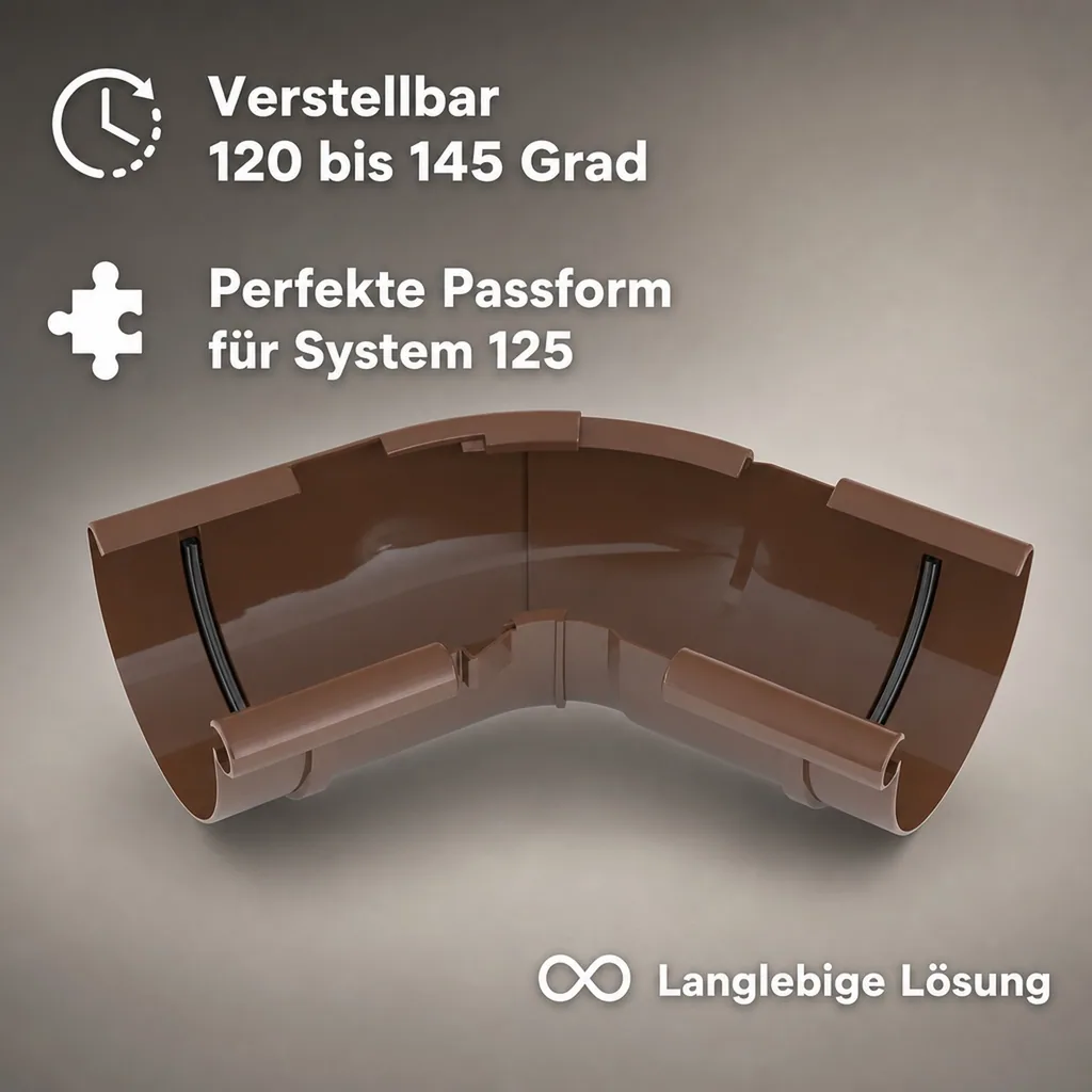 Regenrinne, Eckstück Innen einstellbar 120-145°, braun, System 125
