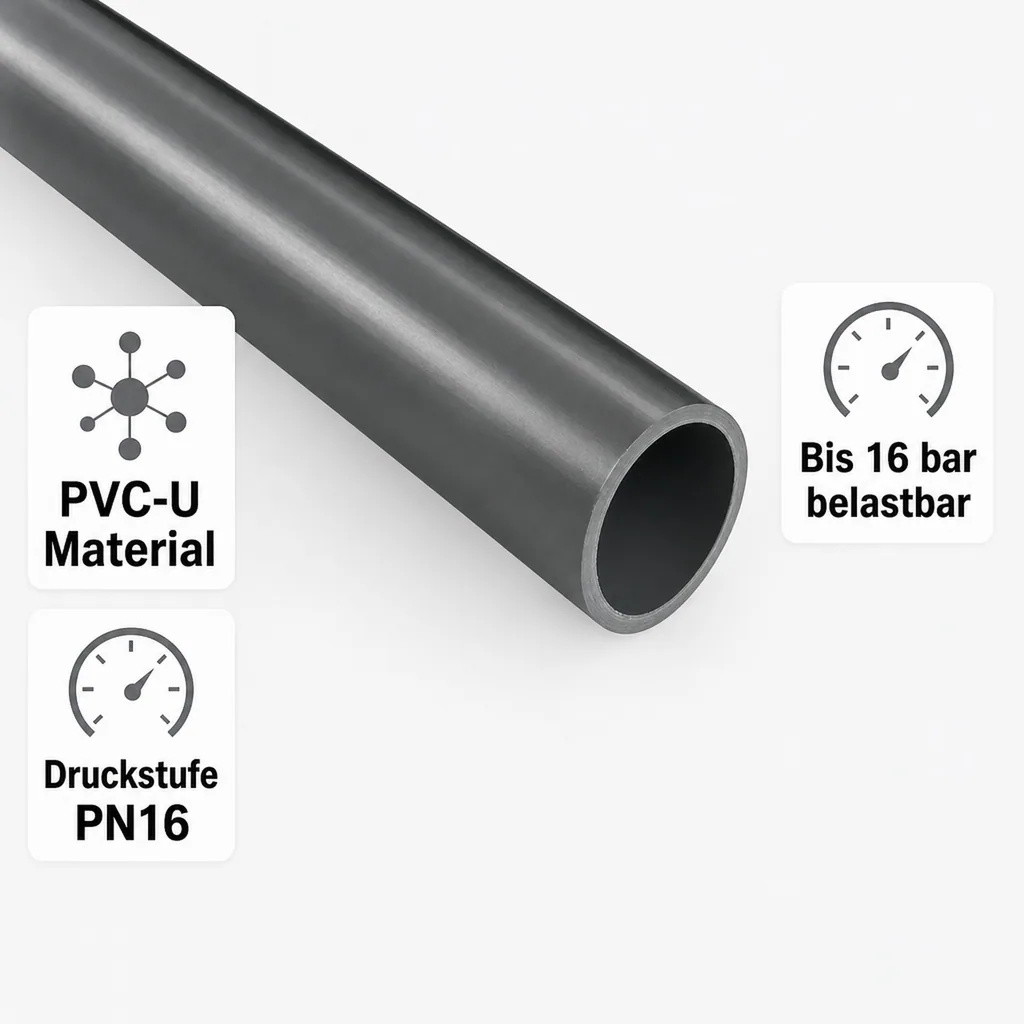 PVC Rohr 40mm, Druckrohr PVC 1m, 16 bar, Hart PVC
