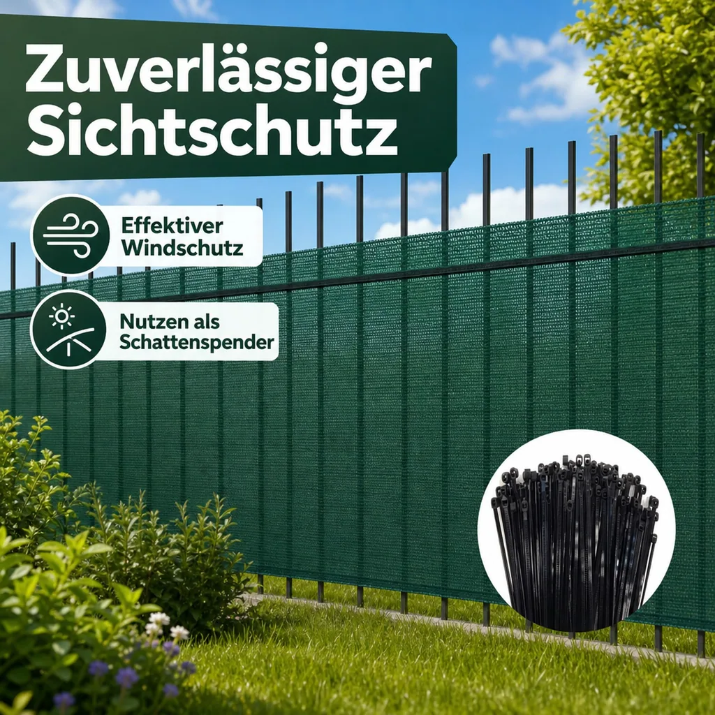 Sichtschutznetz, Windschutznetz, 1,5 m Breite, 50 m, mit Kabelbinder