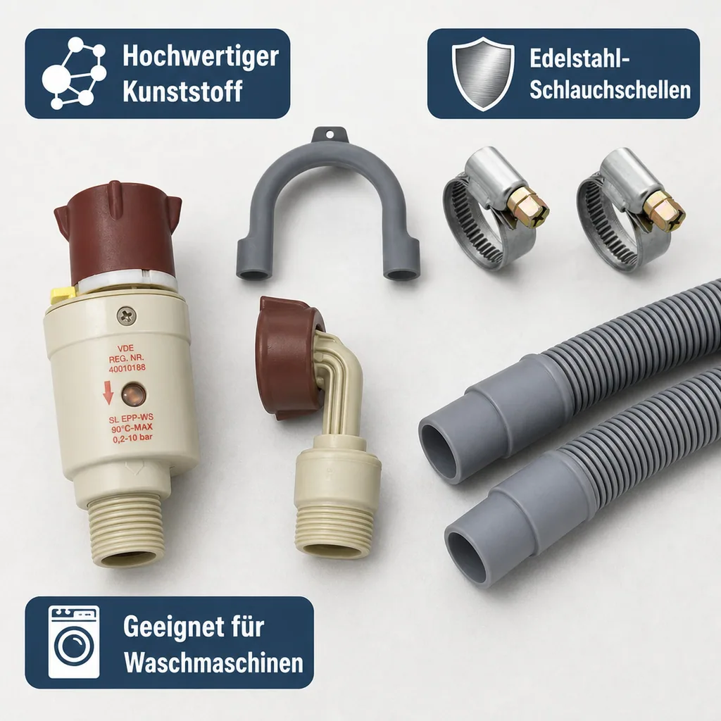 Aquastop Schlauch Set, 2,5m, Ablaufschlauch, Schlauchschellen, Waschmaschine Spülmaschine