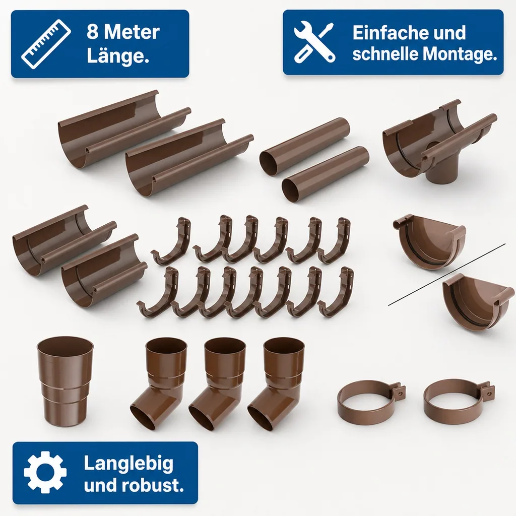 Regenrinne Set 8m braun, Dachrinne System 75, Kunststoff
