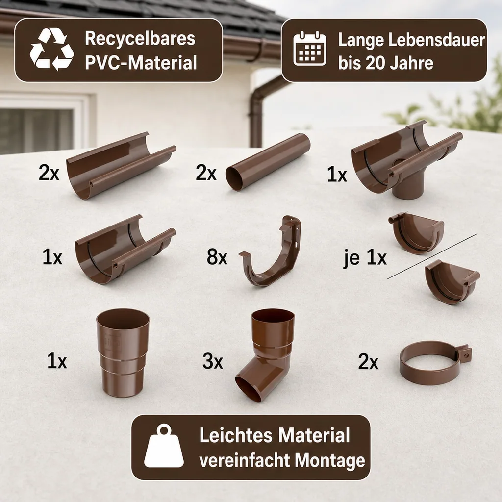 Dachrinne Set, Regenrinne 4m braun, Dachrinne Komplettset