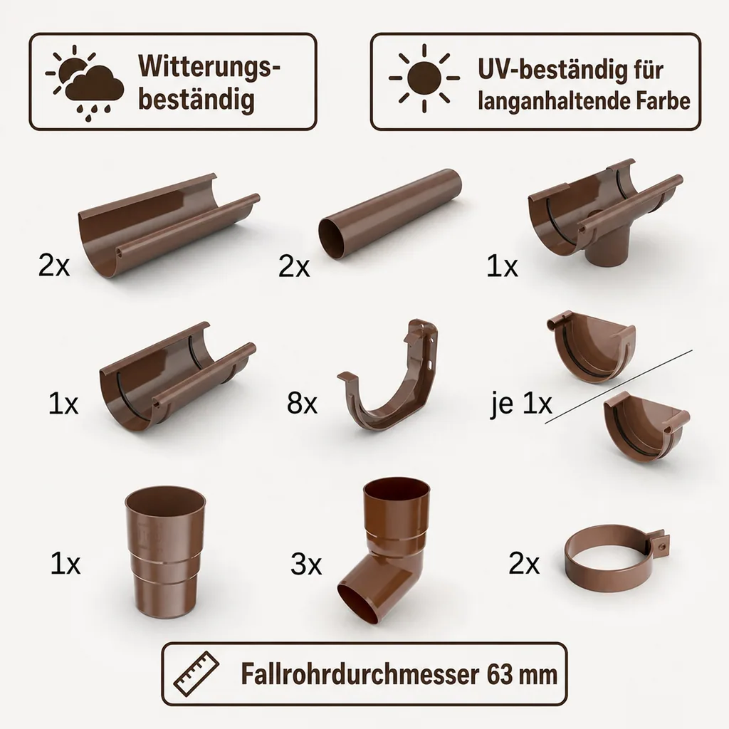 Dachrinne Set, Regenrinne 4m braun, Dachrinne Komplettset