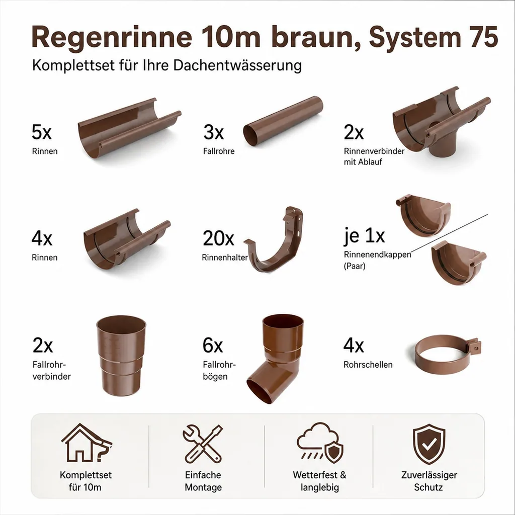 Regenrinne 10m braun, System 75