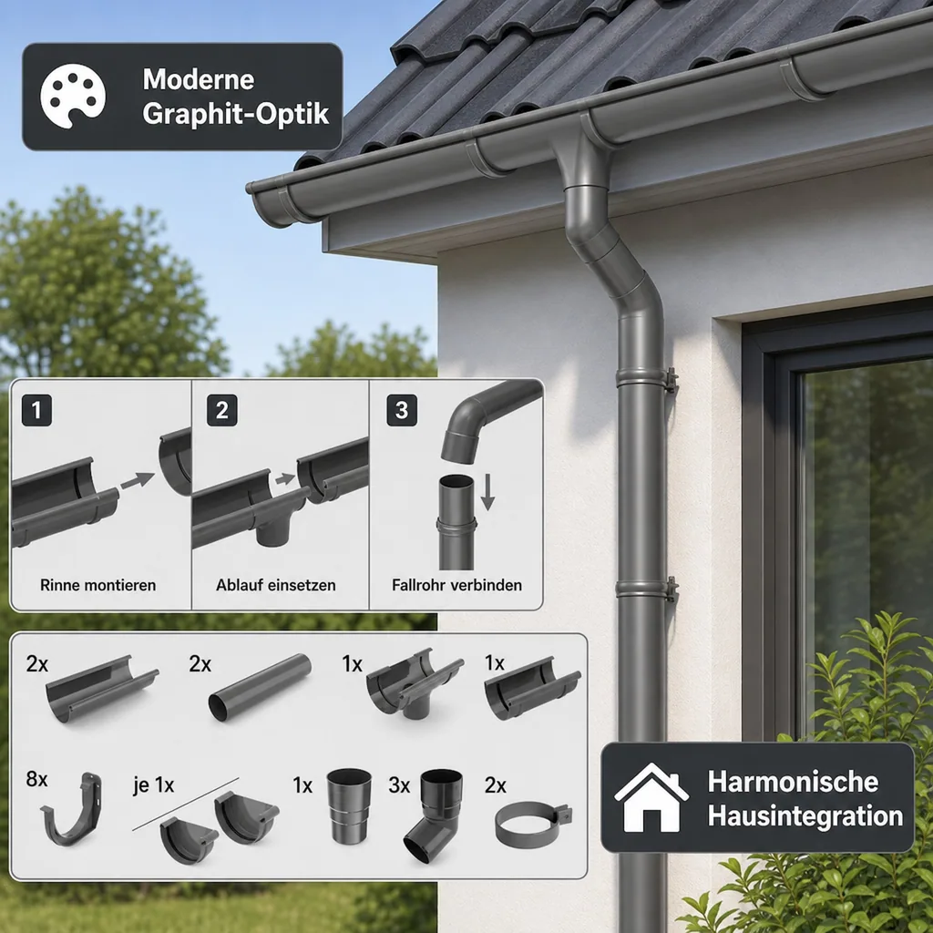 Regenrinne Komplettset, Dachrinne 4m graphit, System 75