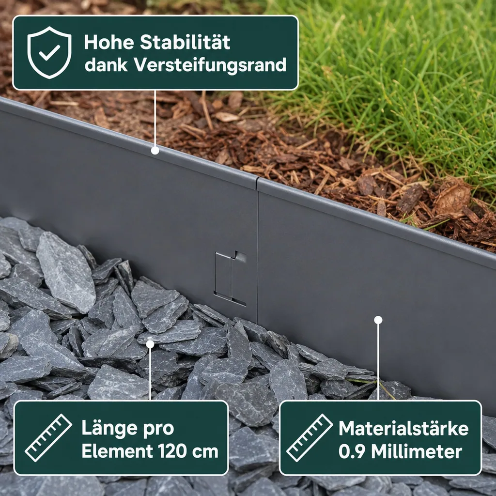 Rasenkanten Metall Höhe 13.5-18.5 cm Länge 120 cm  | Beeteinfassung | Beetumrandung | Beetbegrenzungen, Farbe: Grau; Größe: 10 Stück 18.5cm