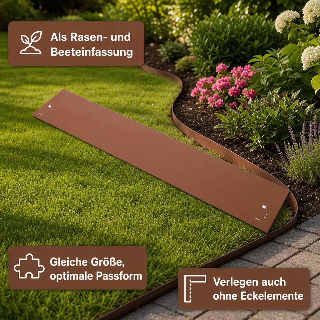 Rasenkanten Metall Höhe 13.5-18.5 cm Länge 120 cm  | Beeteinfassung | Beetumrandung | Beetbegrenzungen, Farbe: Braun; Größe: 10 Stück 13.5cm