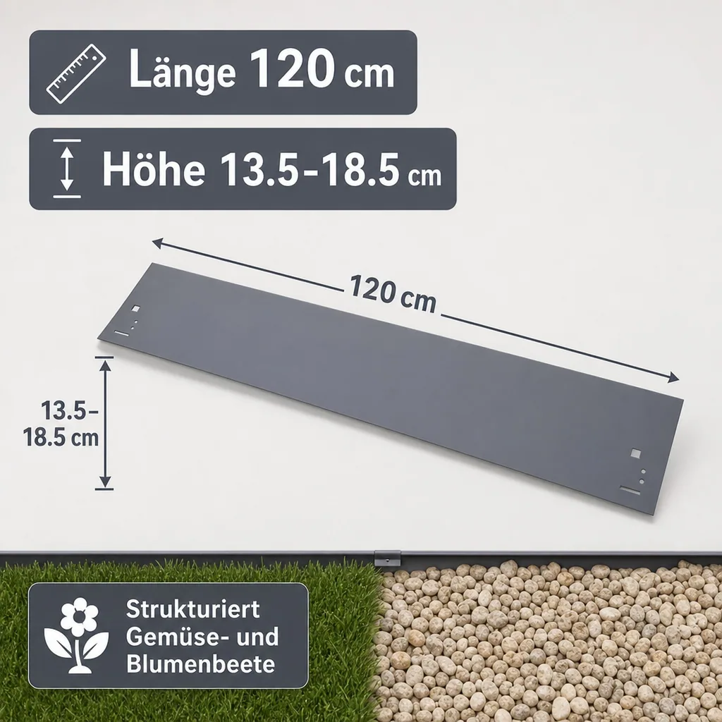Rasenkanten Metall Höhe 13.5-18.5 cm Länge 120 cm  | Beeteinfassung | Beetumrandung | Beetbegrenzungen, Farbe: Grau; Größe: 1 Stück 13.5cm