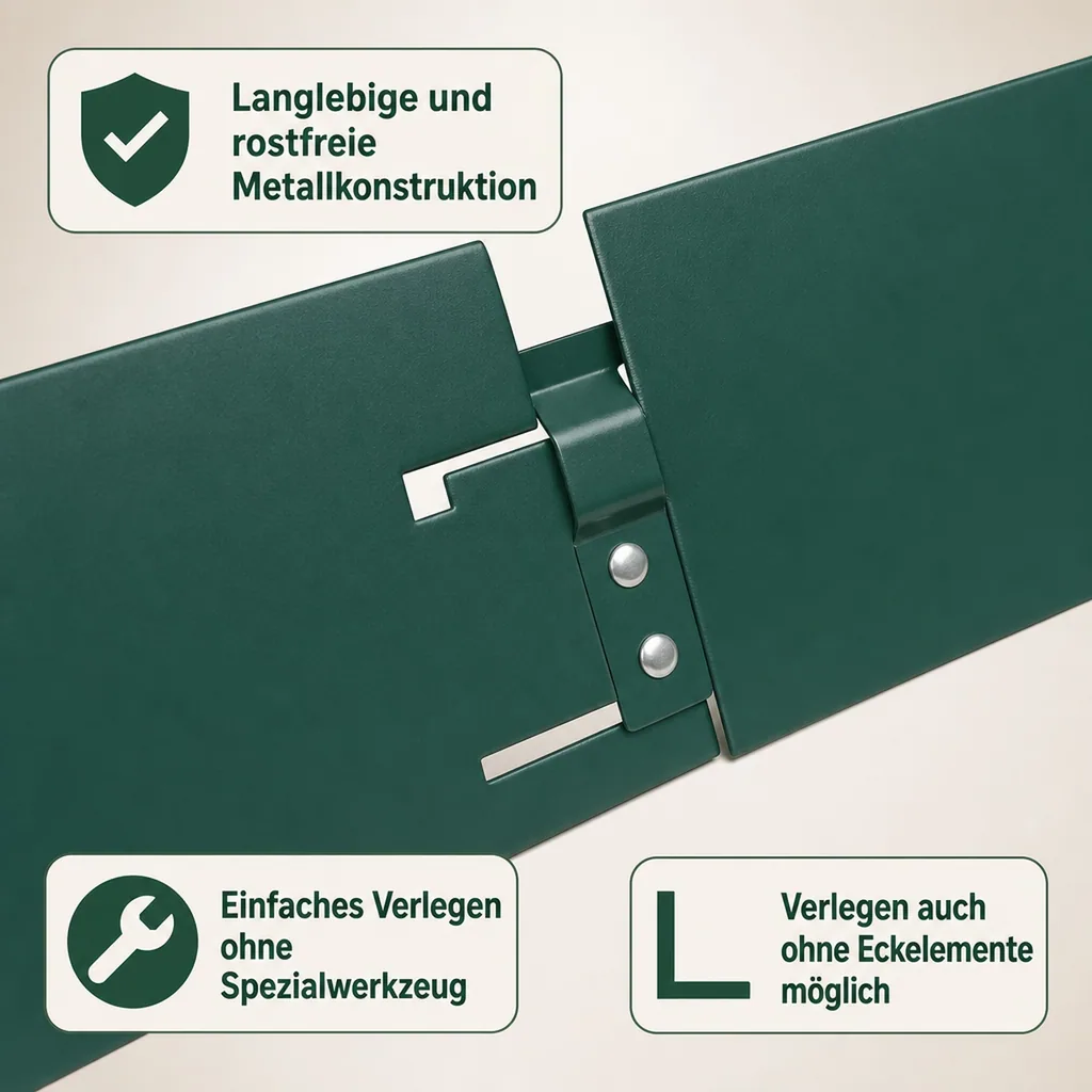 Rasenkanten Metall Höhe 13.5-18.5 cm Länge 120 cm  | Beeteinfassung | Beetumrandung | Beetbegrenzungen, Farbe: Grün; Größe: 10 Stück 18.5cm