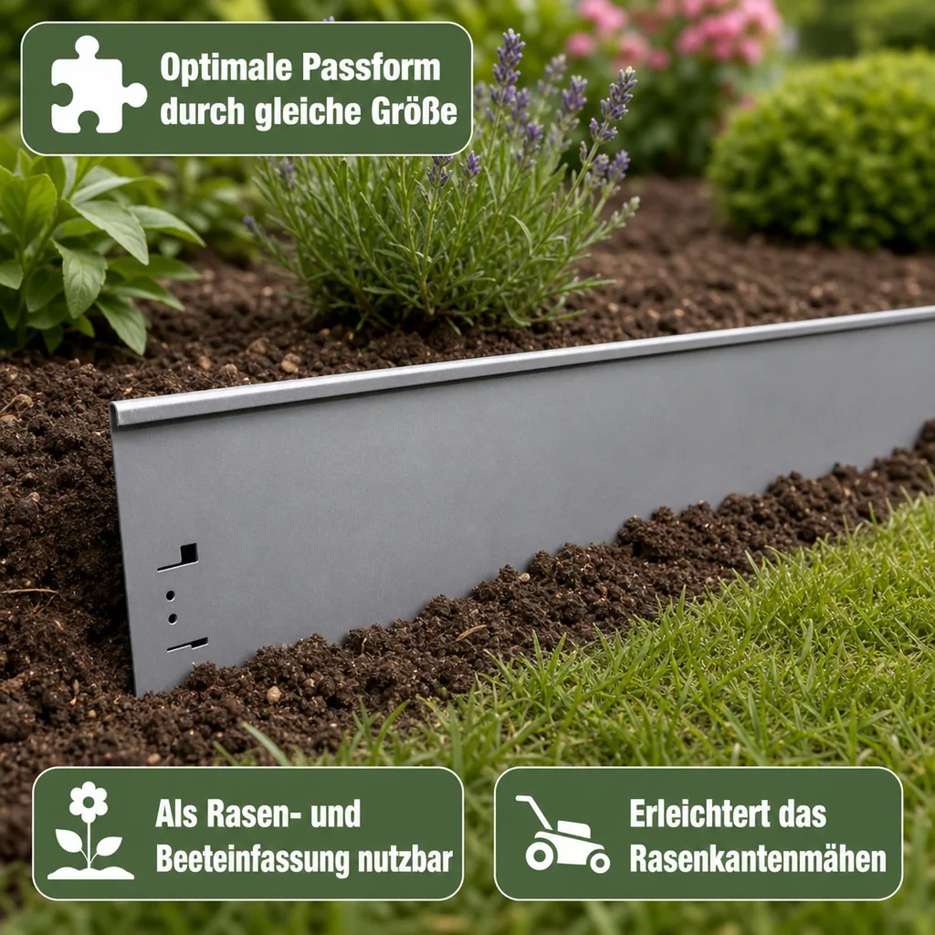 Rasenkanten Metall Höhe 13.5-18.5 cm Länge 120 cm  | Beeteinfassung | Beetumrandung | Beetbegrenzungen, Farbe: Verzinkt; Größe: 1 Stück 13.5cm