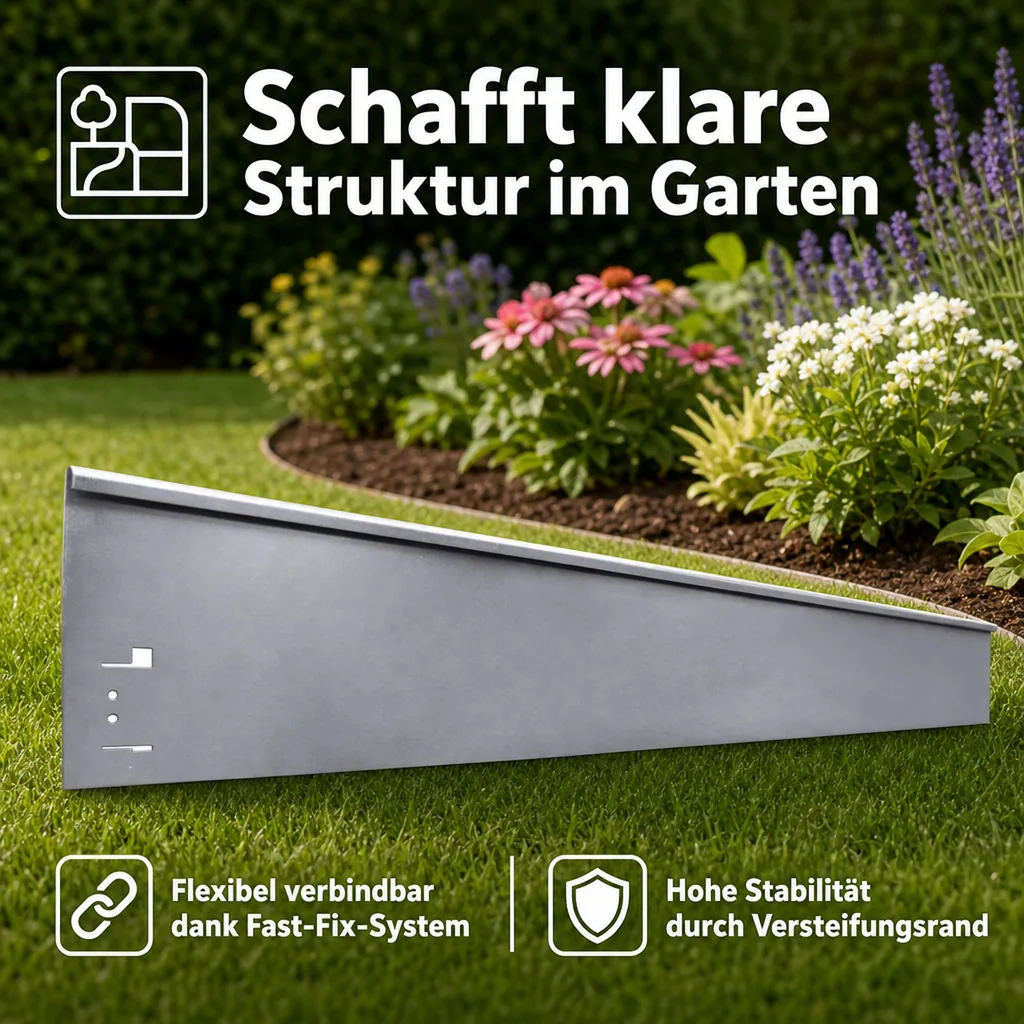 Rasenkanten Metall Höhe 13.5-18.5 cm Länge 120 cm  | Beeteinfassung | Beetumrandung | Beetbegrenzungen, Farbe: Verzinkt; Größe: 1 Stück 18.5cm