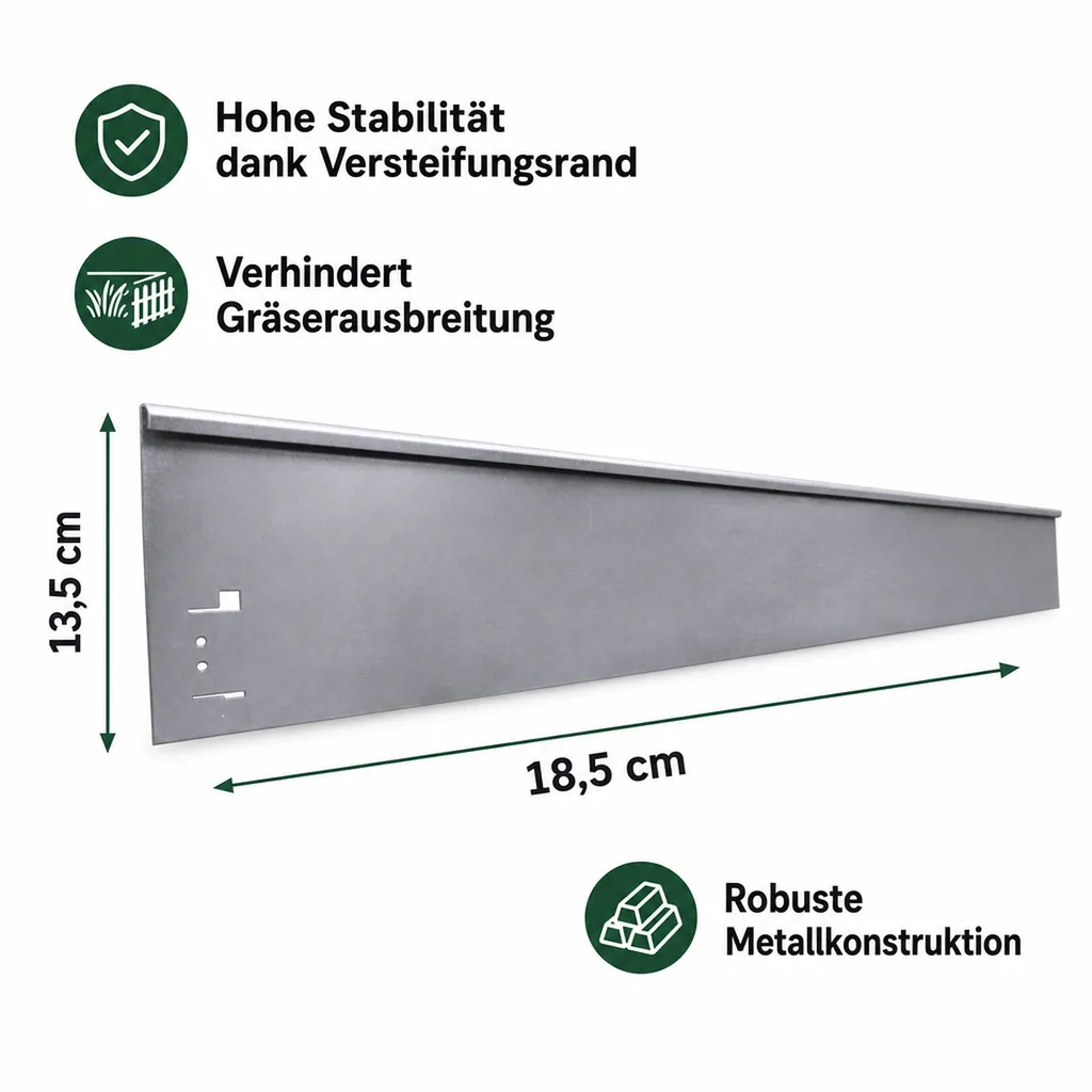 Rasenkanten Metall Höhe 13.5-18.5 cm Länge 120 cm  | Beeteinfassung | Beetumrandung | Beetbegrenzungen, Farbe: Verzinkt; Größe: 10 Stück 18.5cm