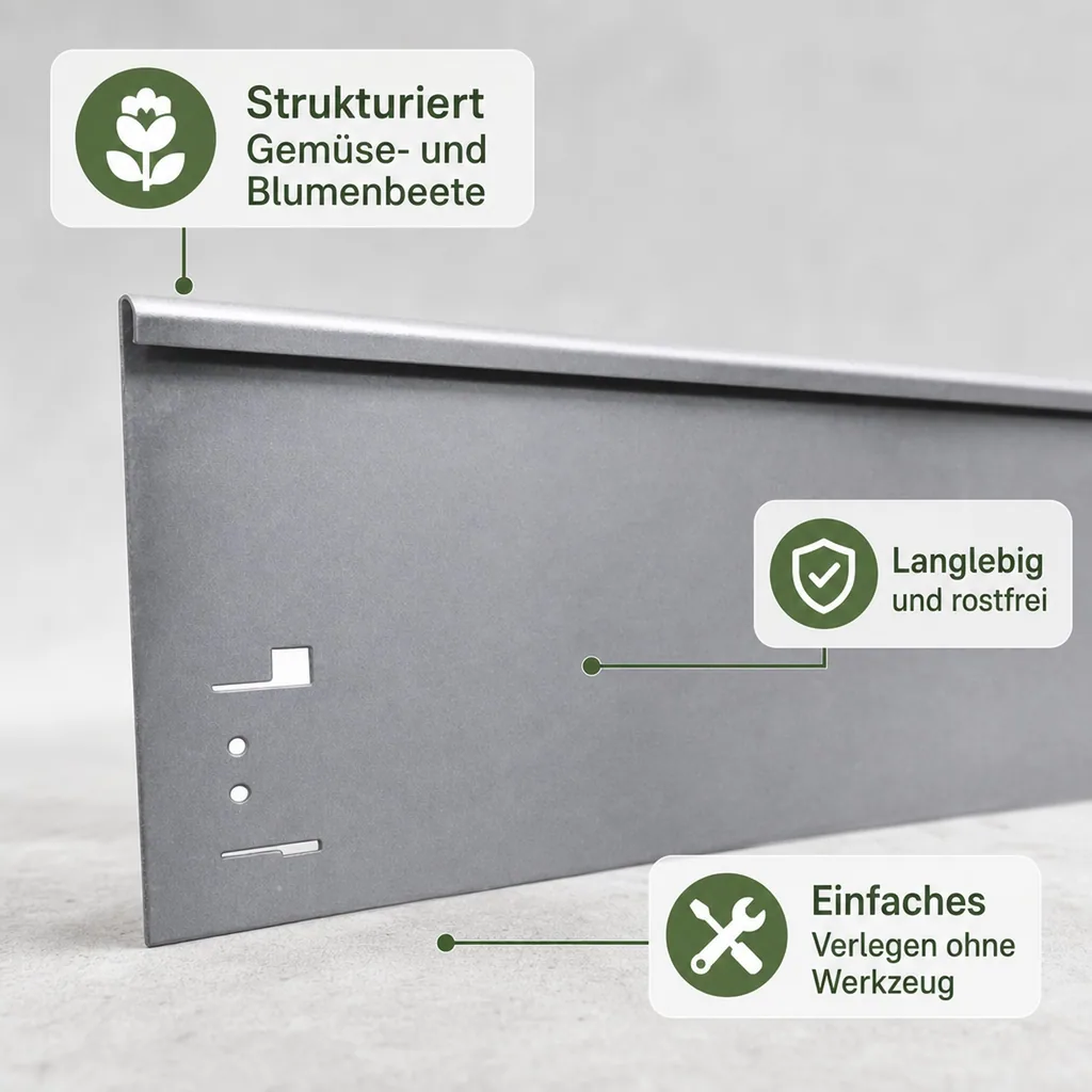 Rasenkanten Metall Höhe 13.5-18.5 cm Länge 120 cm  | Beeteinfassung | Beetumrandung | Beetbegrenzungen, Farbe: Verzinkt; Größe: 10 Stück 18.5cm