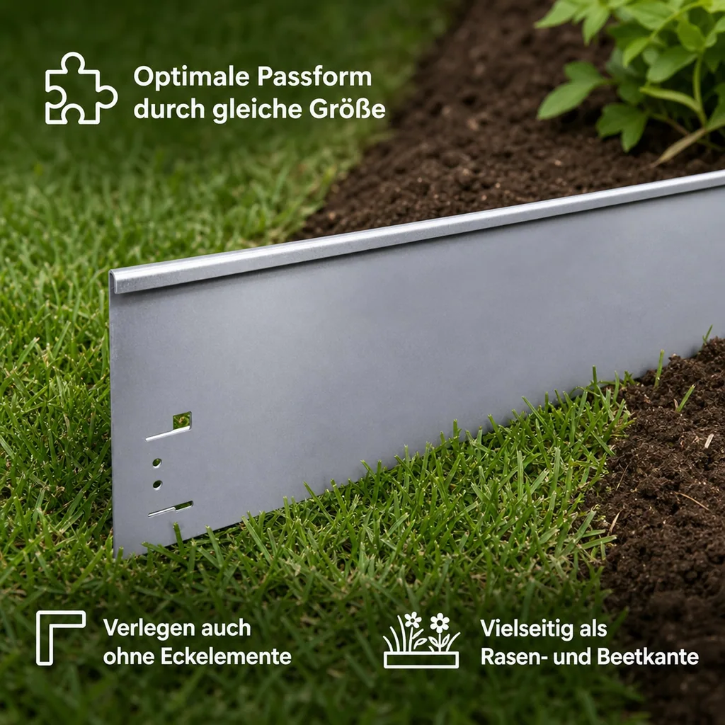 Rasenkanten Metall Höhe 13.5-18.5 cm Länge 120 cm  | Beeteinfassung | Beetumrandung | Beetbegrenzungen, Farbe: Verzinkt; Größe: 10 Stück 18.5cm