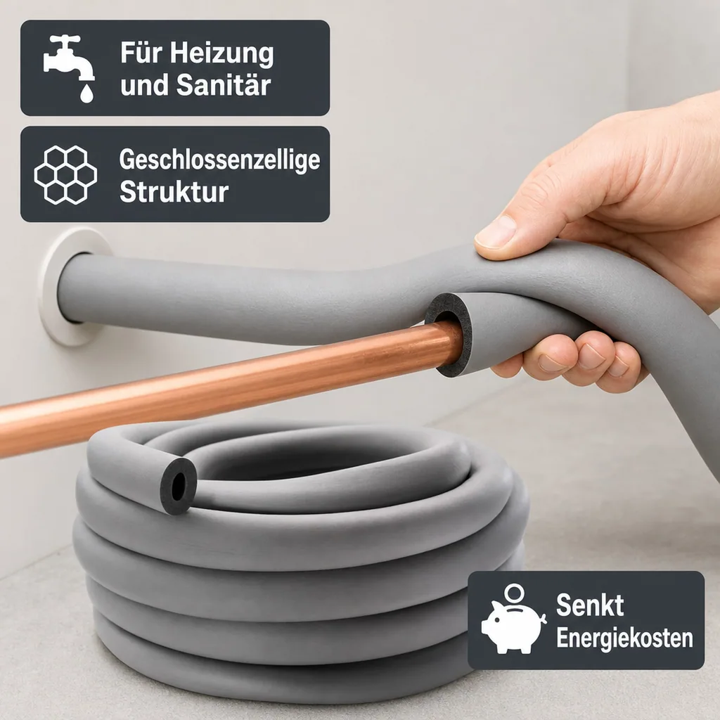 Rohrisolierung 22mm, Heizungsrohr Isolierung, 23m Rolle, flexibel, Grau