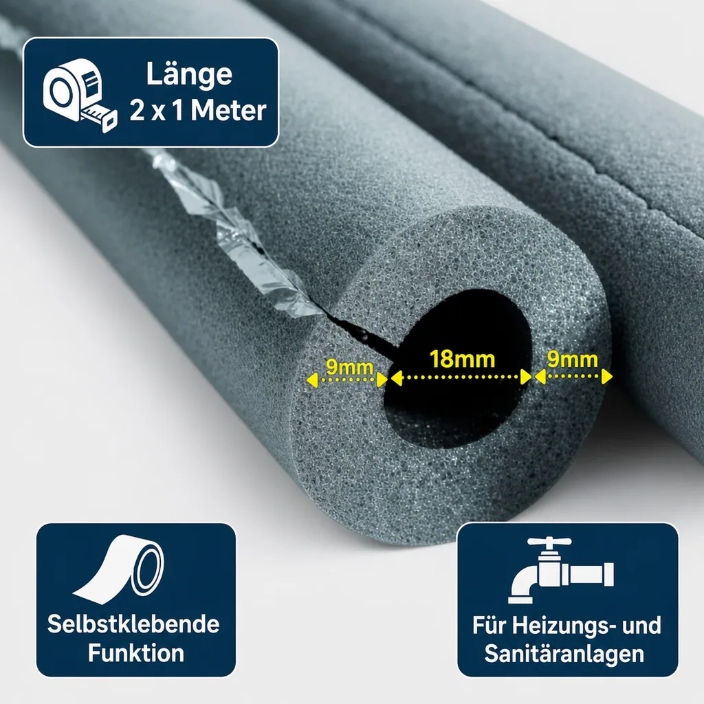 Isolierschlauch 2x1m, Rohrisolierung 18mm, selbstklebend, Heizung, Sanitär