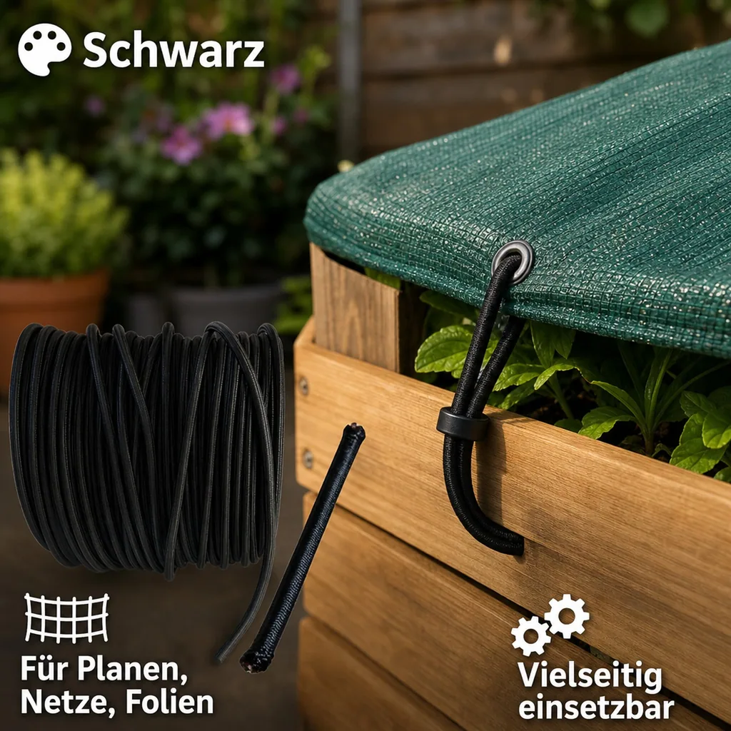 Expanderseil 10mm schwarz, 100m Gummiseil für Planenbefestigung