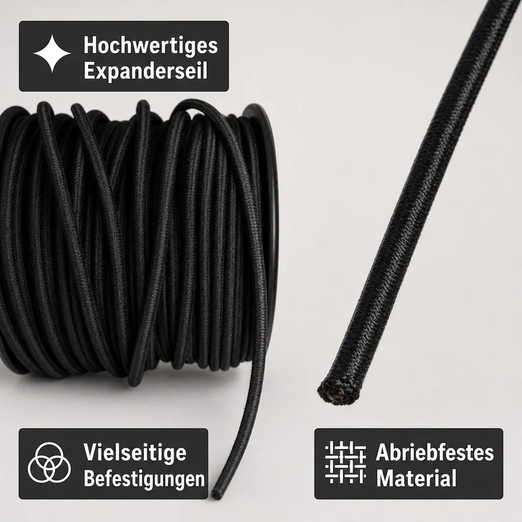 Expanderseil schwarz, 8 mm, 15 Meter, Gummiseil für Planen
