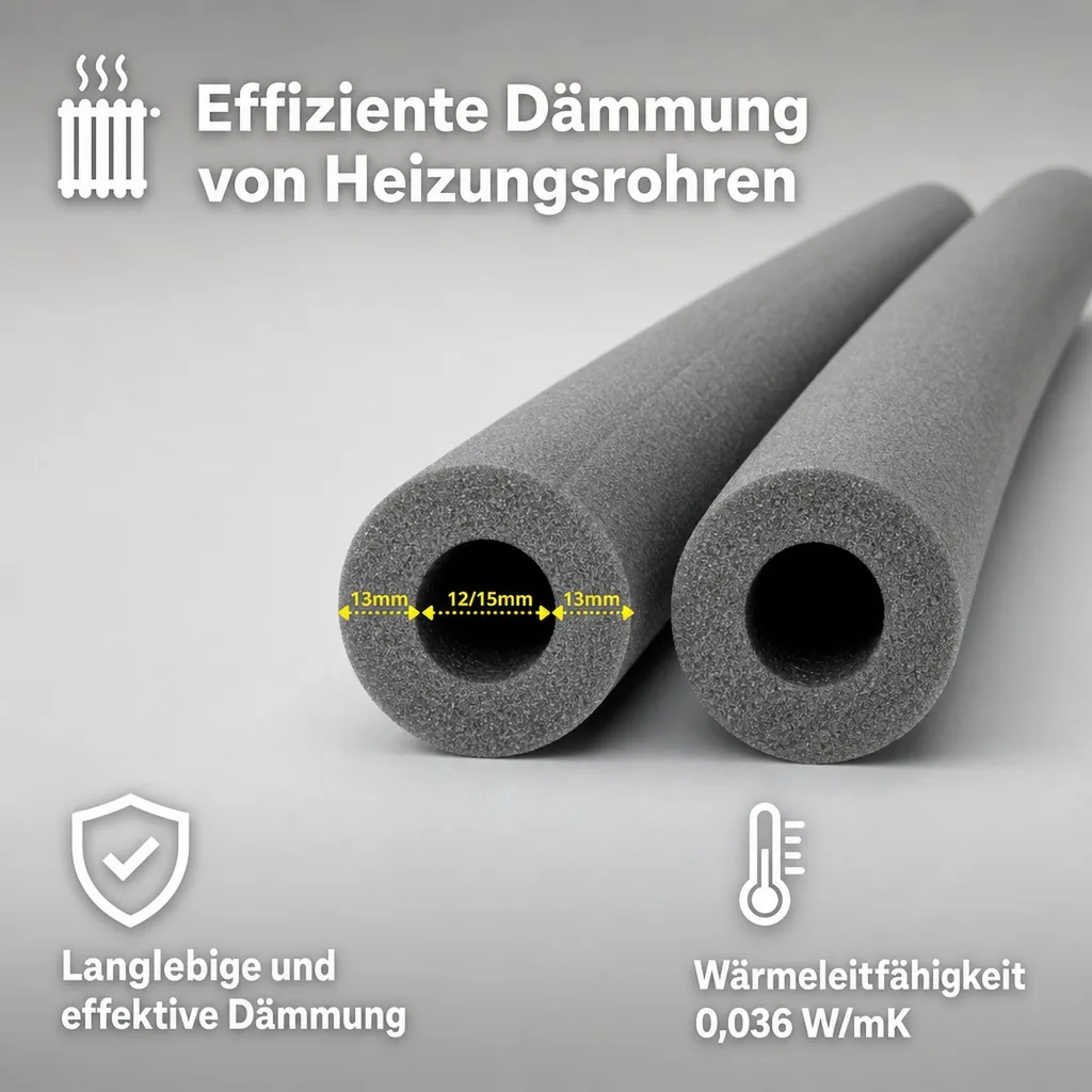 Isolierschlauch 2m, Rohrisolierung Heizung, Dämmung 13mm