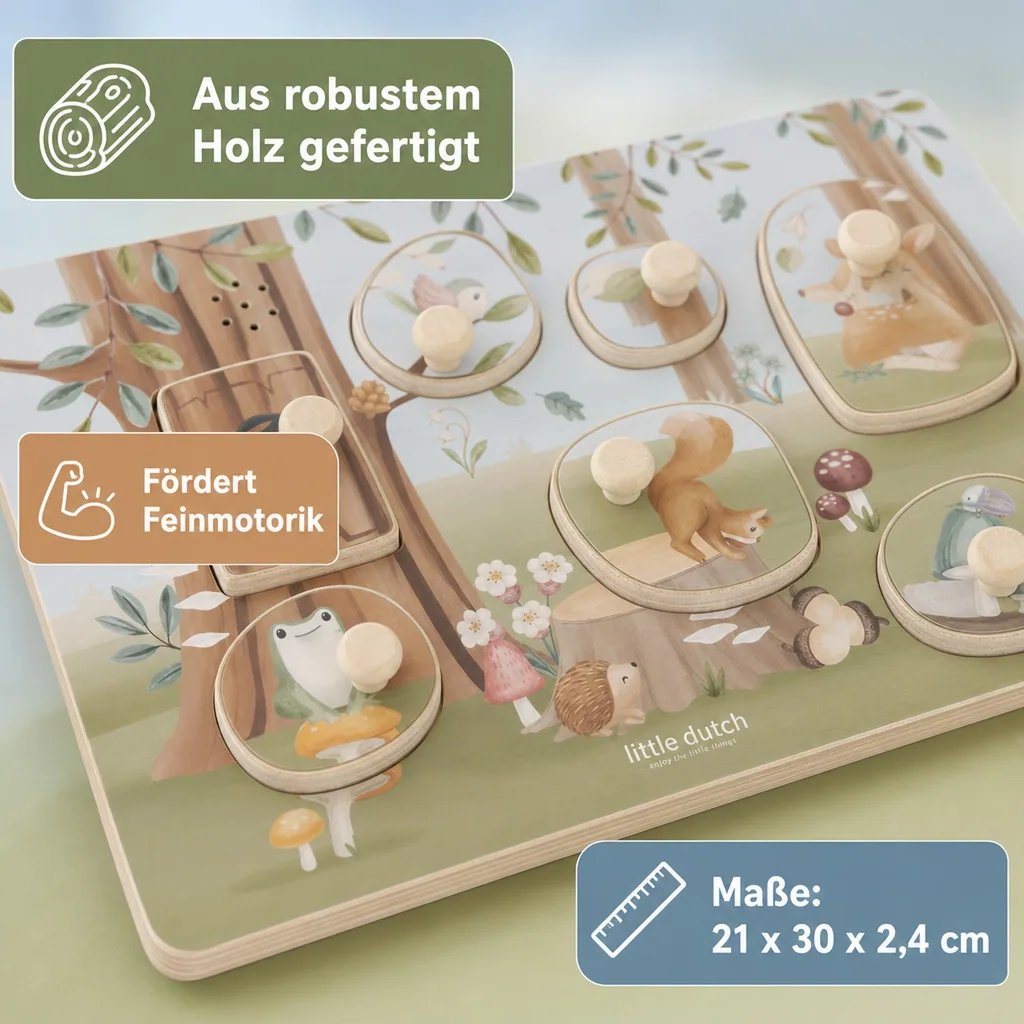 Little Dutch Holzpuzzle, Steckpuzzle, Sound Puzzle - Forest Friends, Blau