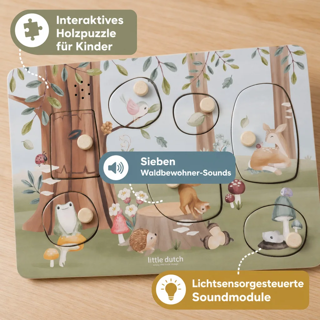 Little Dutch Holzpuzzle, Steckpuzzle, Sound Puzzle - Forest Friends, Blau