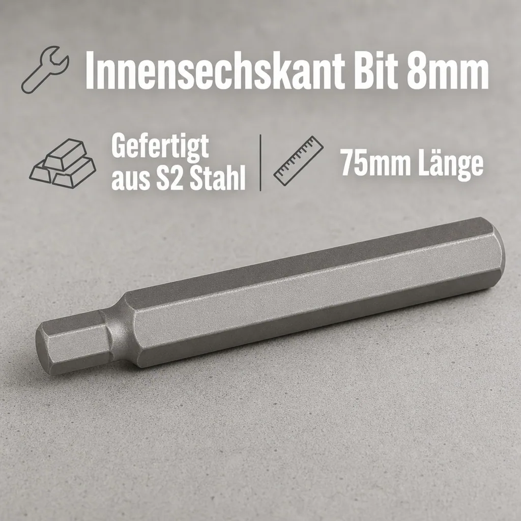 Innensechskant 8mm, Innensechskant Bit, 75mm, 10mm Sechskant Aufnahme, S2 Stahl