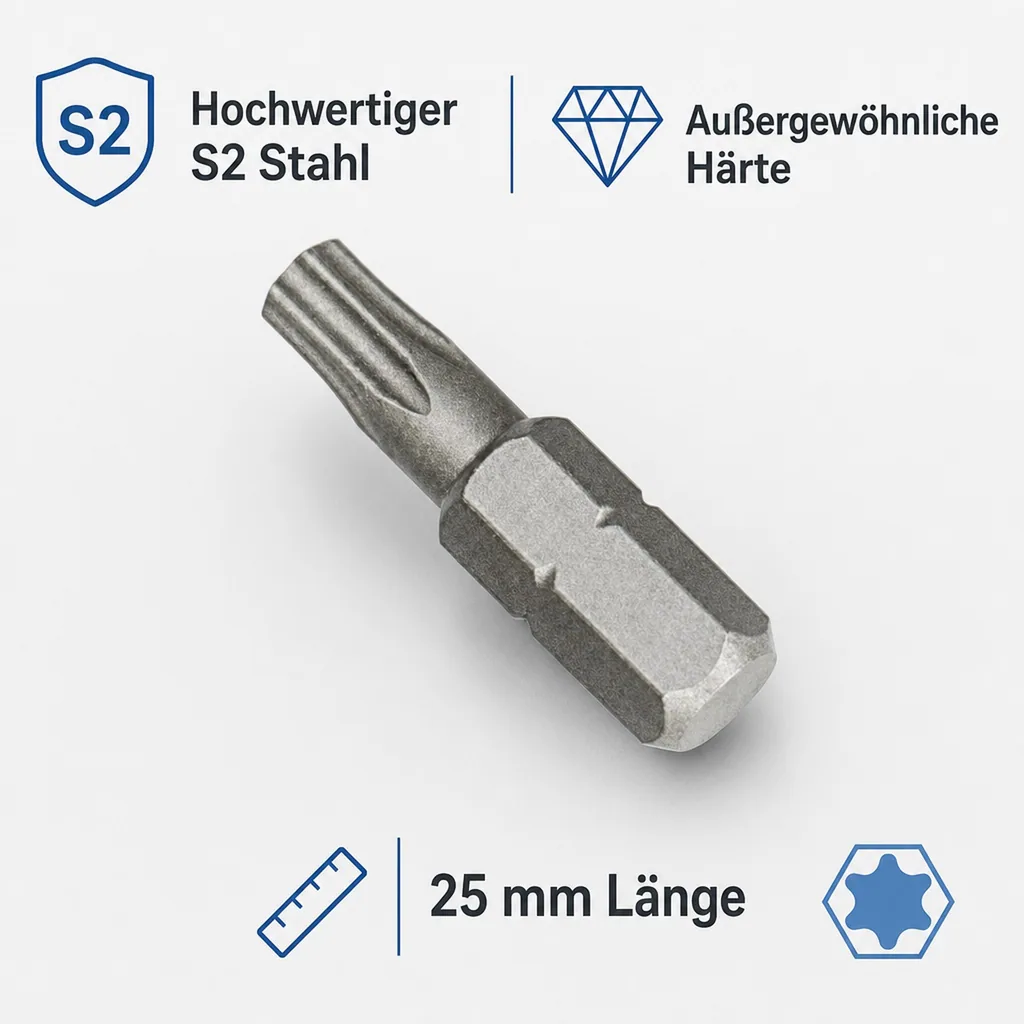 Innensechskant Bit T10, 25mm, 1/4 Zoll, S2 Stahl, Schrauberbit