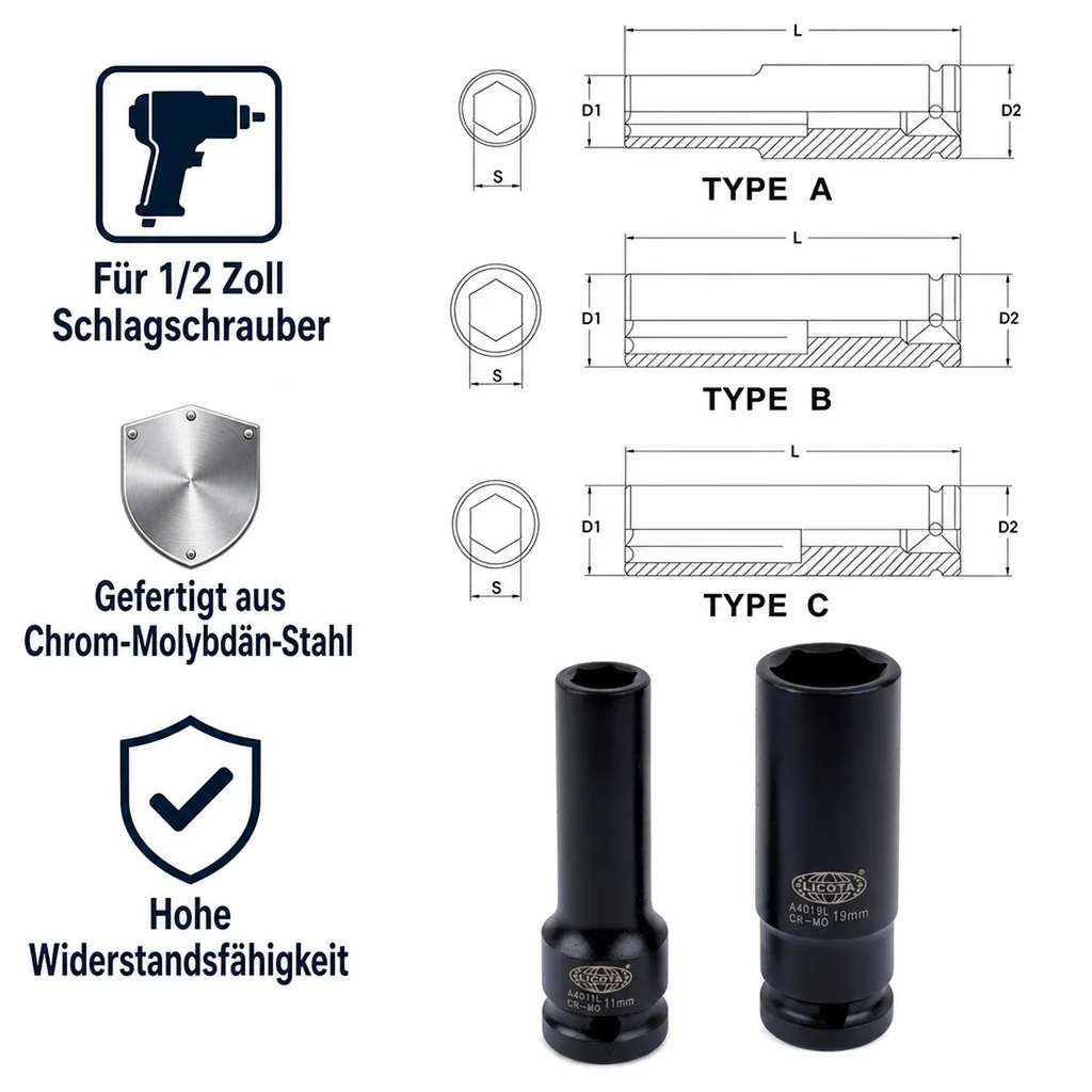 1/2 Zoll Nuss, Schlagschraubernuss SW 13, Kraftnuss