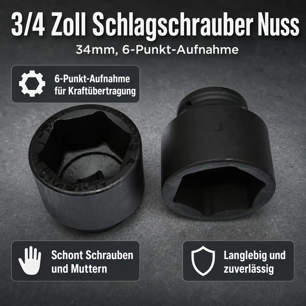 3/4 zoll Nuss 34mm, Schlagschrauber Nuss, 6pt