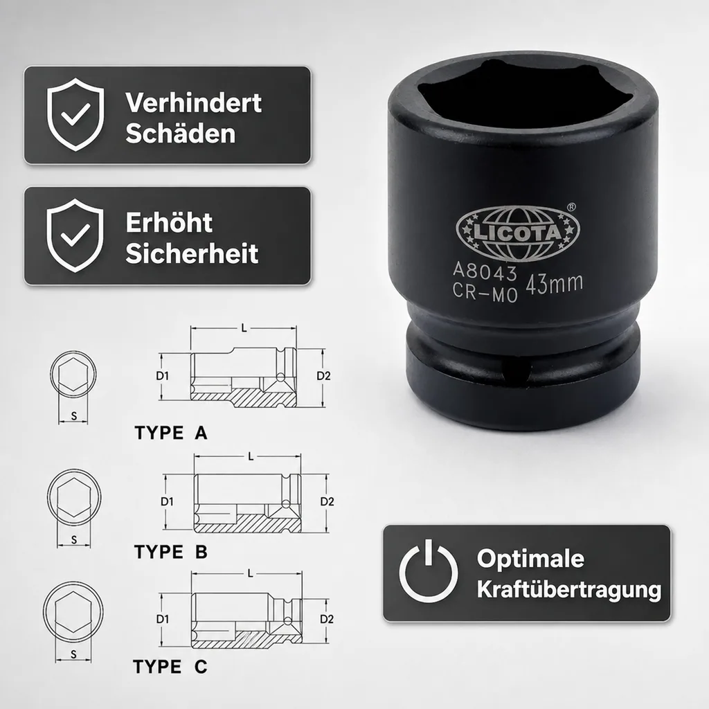 Schlagschraubernuss, 1 Zoll, 70 mm, kurz, Cr-Mo