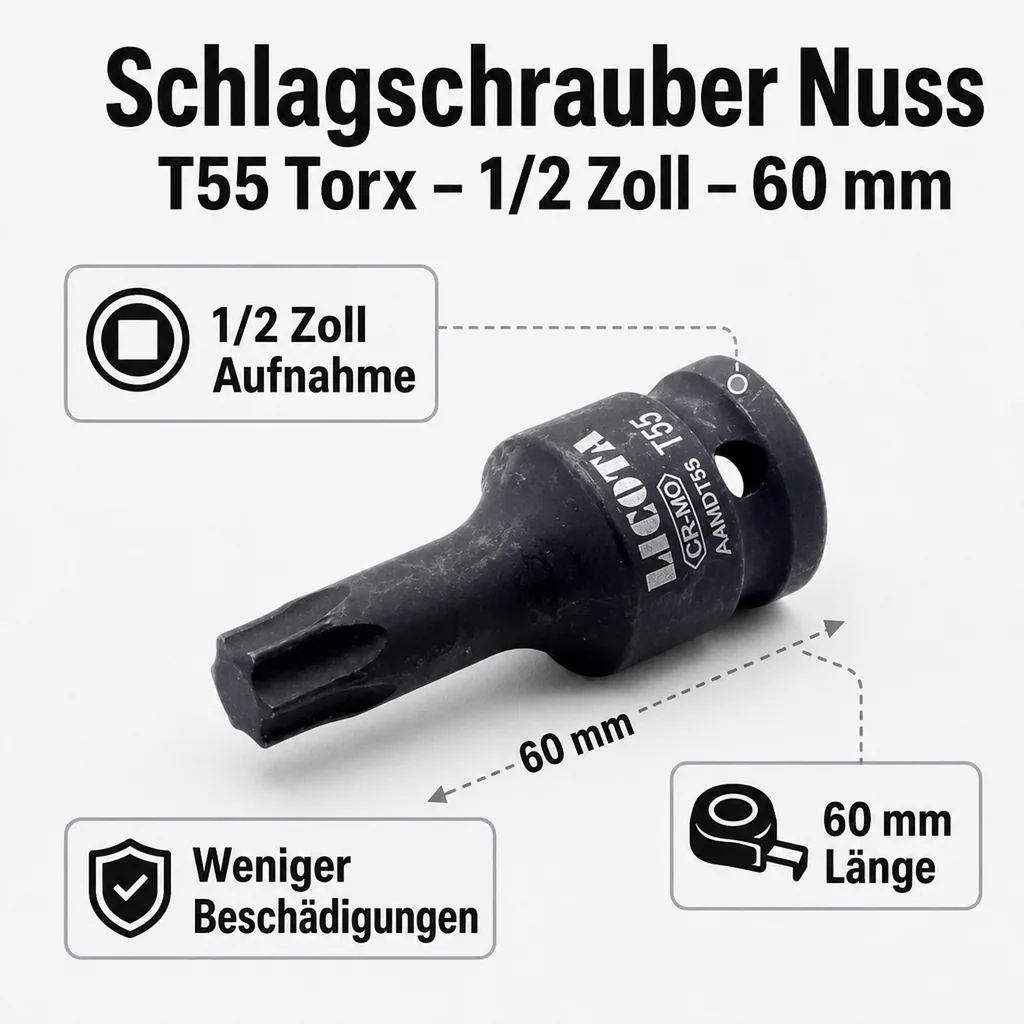 Innensechskant Nuss, Schlagschrauber Nuss, T20, 1/2 Zoll, Cr-Mo
