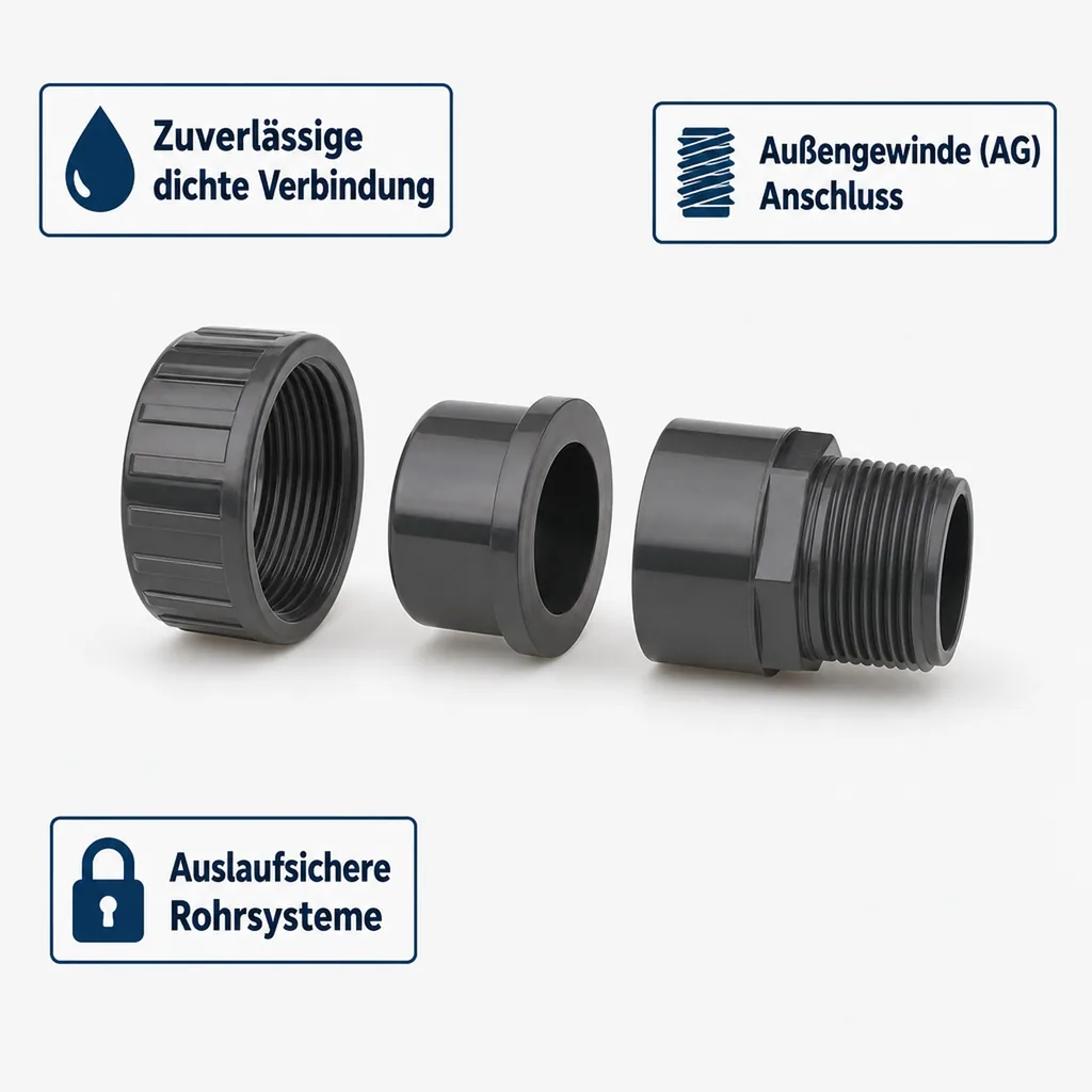 PVC Fittinge, PVC-U Verschraubung Klebemuffe 40mm, Rohrverbinder