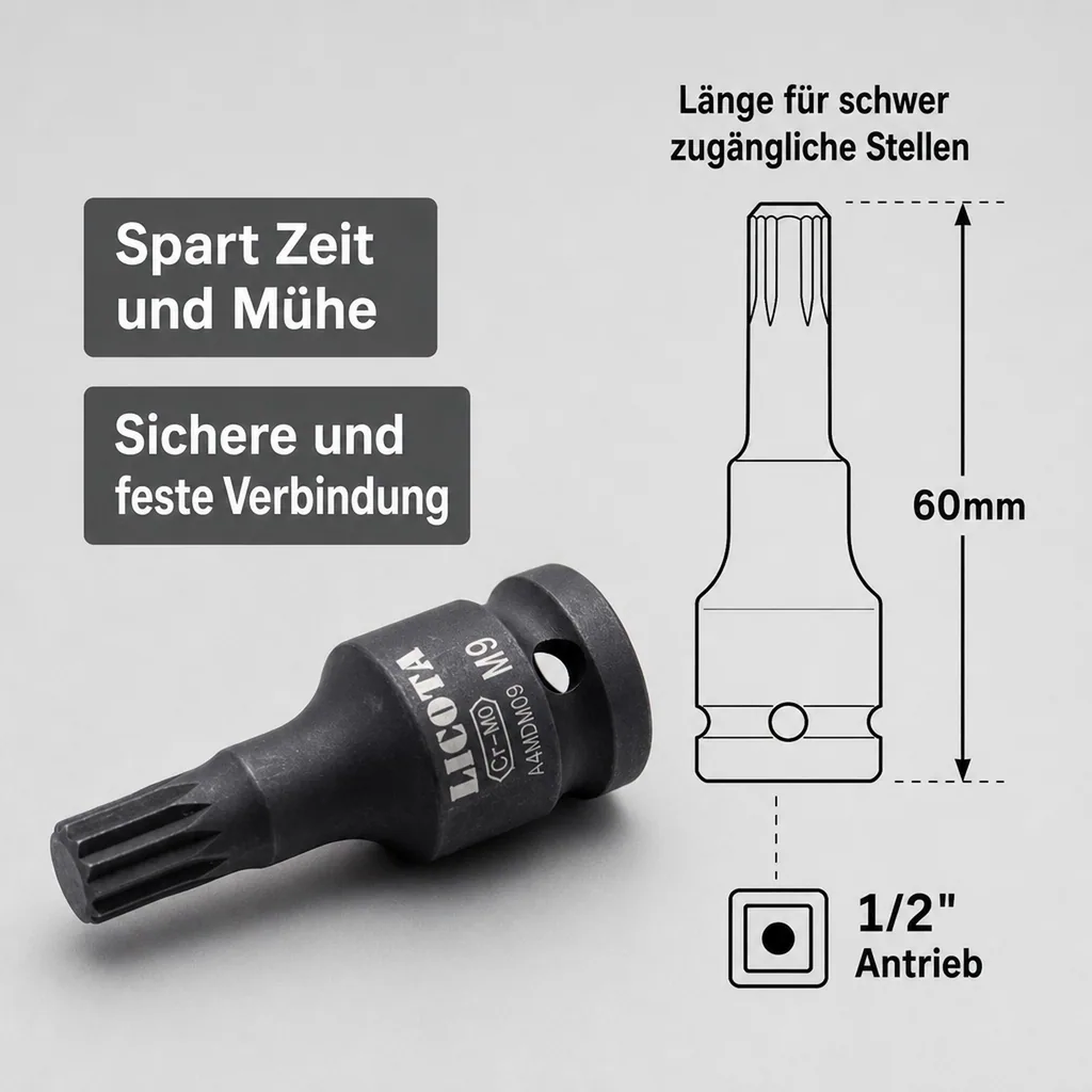 Schlagschraubernuss, Vielzahn Nuss, 1/2 Zoll, XZN M10, 60mm, Cr-Mo