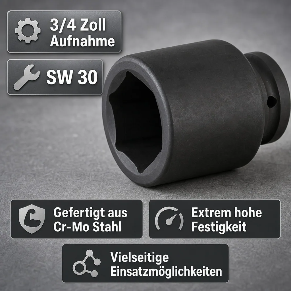3/4 Zoll Nuss, SW30, Schlagschrauber Nuss, Cr-Mo Stahl, Industriequalität