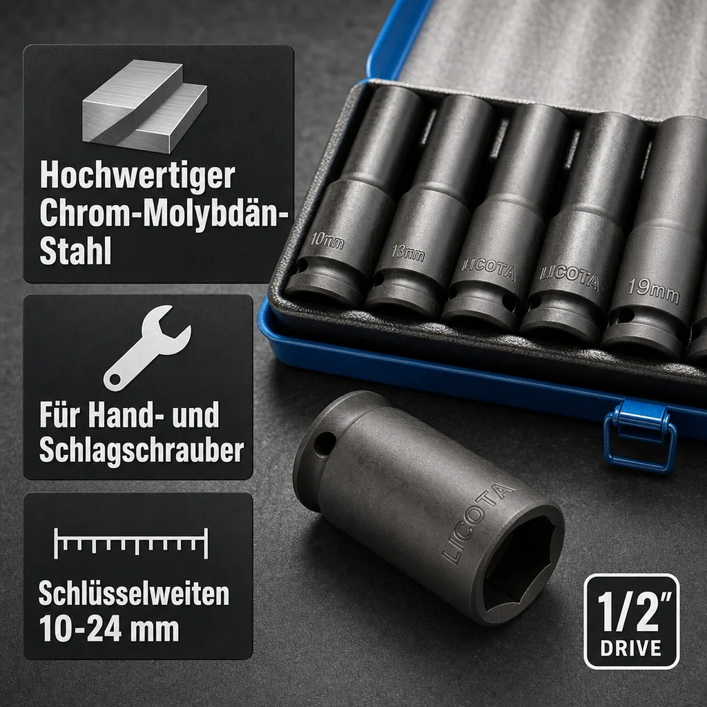 Schlagschraubernüsse 1/2 Zoll, Schlagschrauber Nüsse Set, 10-24mm, Metallkassette